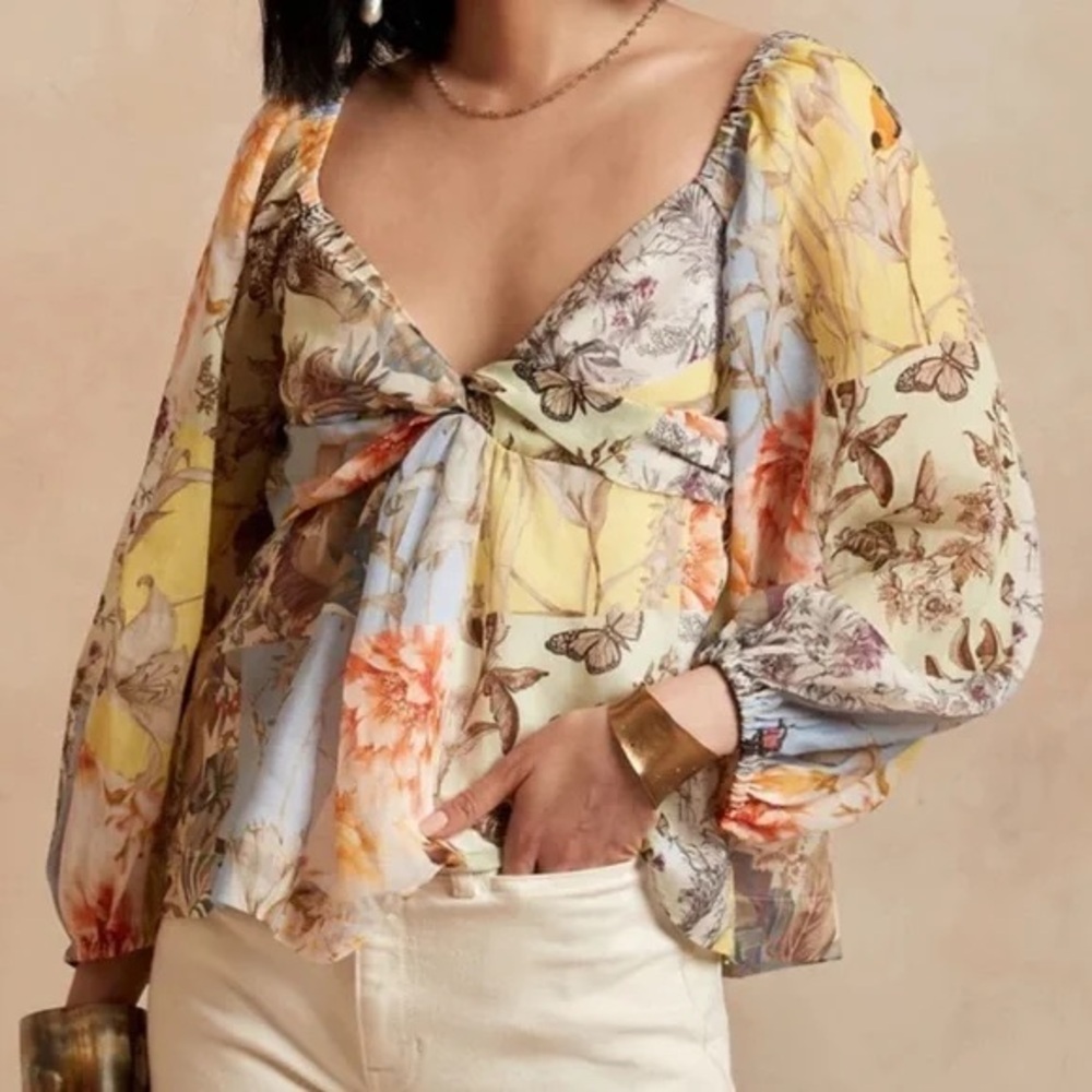 Banana Republic Ramie Floral Bird Twist Front sheer A-line sweetheart neck top L - Picture 2 of 11